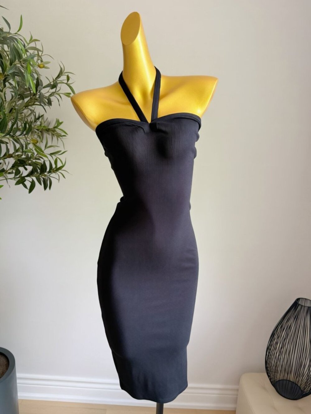 Zara Black Ribbed Halter Neck Bodycon Midi Dress S NWT